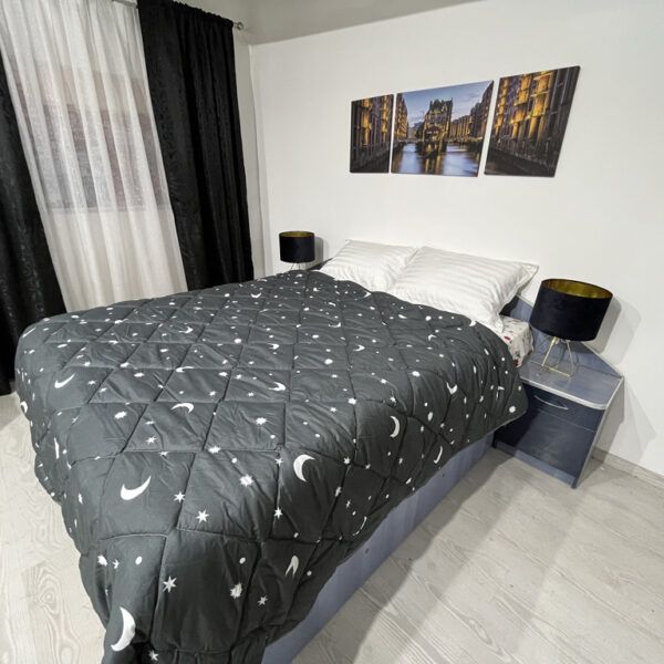 Pilota iarna matlasata "Luna si Stele" Coneltex, dimensiuni 200x210 cm, dreptunghiulara, culoare gri inchis, umplutura fibra siliconizata antialergica, densitate 350 g/mp