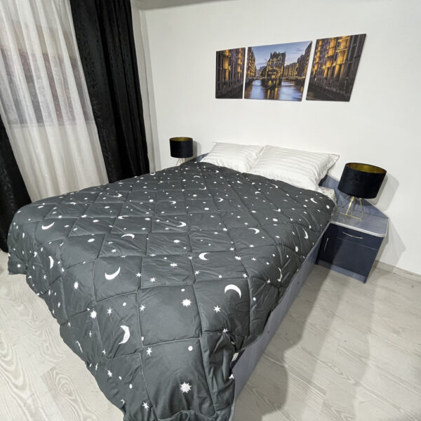 Pilota iarna "Luna si Stele" Coneltex, dimensiuni 180x210 cm, dreptunghiulara, culoare gri inchis, umplutura fibra siliconizata antialergica, densitate 350 g/mp