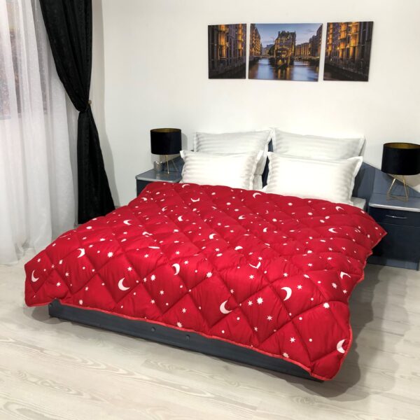 Pilota matlasata iarna "Luna si Stele" Coneltex, dimensiuni 200x210 cm, culoare rosie, umplutura fibra siliconizata antialergica, densitate 350 g/mp