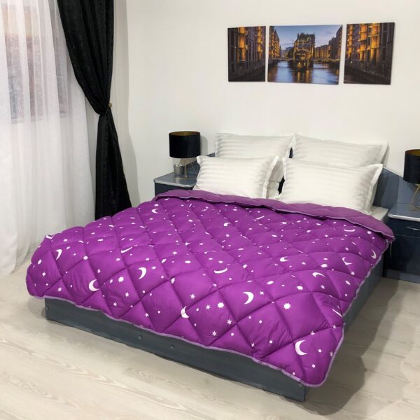 Pilota matlasata iarna "Luna si Stele" Coneltex, dimensiuni 140x210 cm, culoare mov, umplutura fibra siliconizata antialergica, densitate 350 g/mp